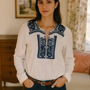 Saint Tropez West Navy White Embroidered Women S Top Gypsy Nautical Artsy Preppy
